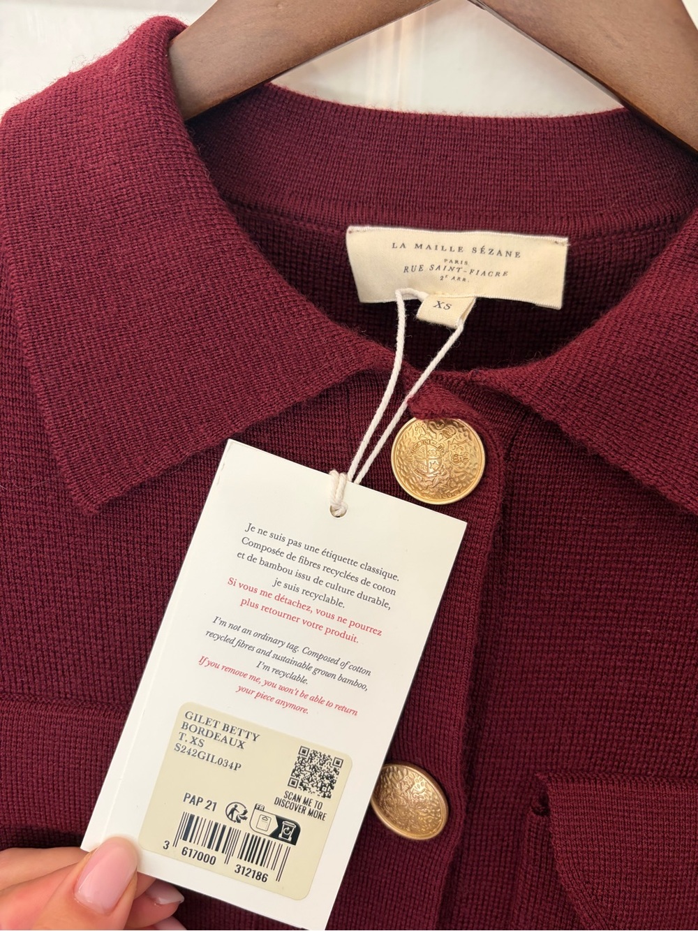 NWT Sezane Gilet Betty Bordeaux Women's Burgundy Button-Front Blazer Jacket XS - Picture 6 of 9